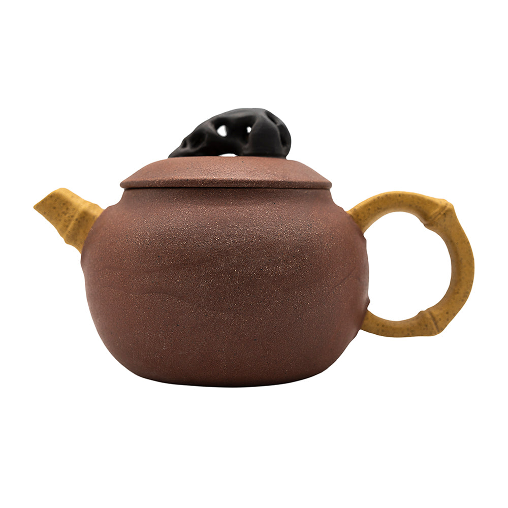Red Clay Teapot with Bamboo Handle and Taihu Stone Lid # 94423, 130 ml