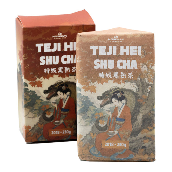 Teji Hei Shu Cha, 2018 (Jinhua, "flores doradas", té oscuro añejado característico de Moychay de Anhua, provincia de Hunan, 2018), ladrillo de 230 g