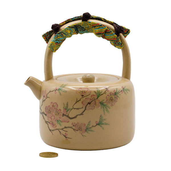 Hand-painted Ceramic Teapots with Colorful Fabric-Wrapped Handles and Floral Designs # 93471