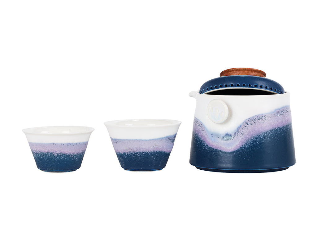 Joc de te blau de viatge amb tetera amb nansa lateral # 94381